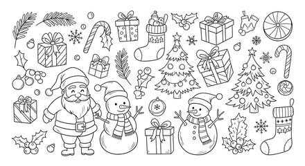 Hand drawn christmas elements santa claus snowmen trees gifts candy canes snowman