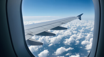 Sky View from the Airplane Window Featuring the Wing Above the Clouds