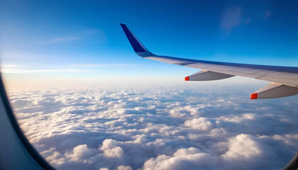 Obraz premium Airplane Window Perspective with the Wing Above the Clouds