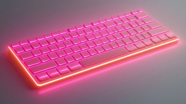 3D rendering of a modern keyboard glowing with intense pink and neon orange light on a gray surface. Great for tech blogs, gaming sites, graphic design, and futuristic topics.