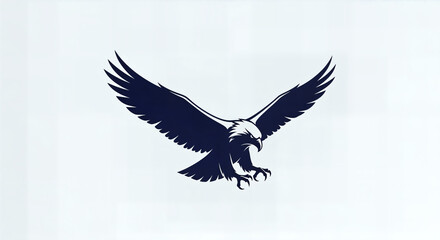 Obraz premium A dark blue silhouette of an eagle with outstretched wings, ready to hunt, against a white background.