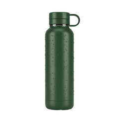 Green insulated reusable water bottle or thermos flask with condensation, isolated on transparent background