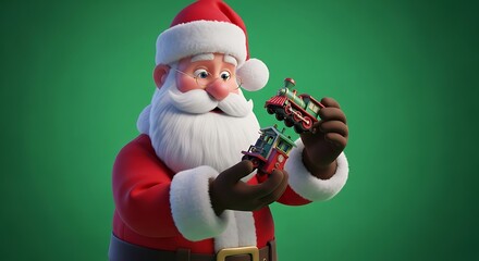 Santa Claus Character Holding Colorful Toy Train Model in Festive Christmas Costume