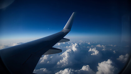 Fototapeta premium Airplane Wing Over Clouds High Altitude Flight Experience