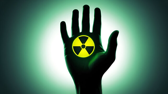 A hand holding a glowing radioactive symbol, representing caution and danger.