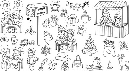 Christmas holiday doodles set for coloring, featuring kids writing Santa letters, market stall, Xmas tree, gifts, reindeer, and winter elements.