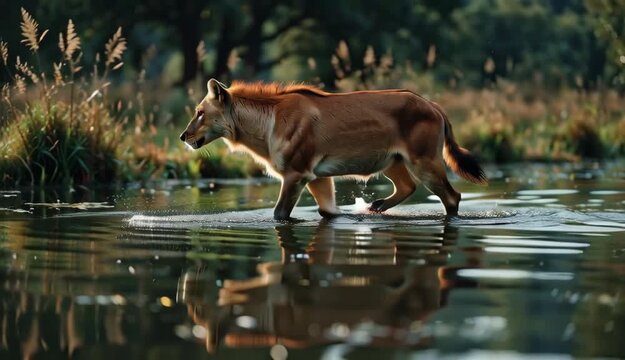 Dhole Crossing Water Asiatic Wild Dog in Natural Habitat