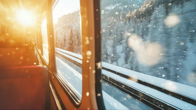Train journey through snowy landscape with sunlight streaming in during winter