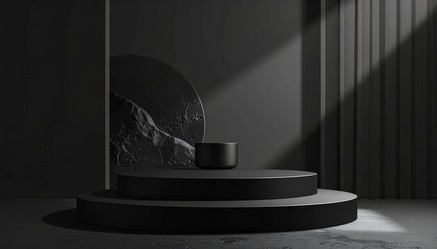 Sophisticated black cylindrical podium on a dark background with geometric shadows and a rough stone accent for luxury product display