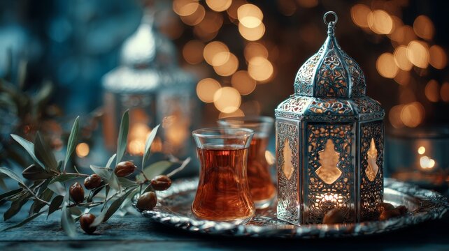 Festive ramadan kareem iftar dinner table with glowing moroccan lanterns, turkish tea glass, olive branch on silver tray, warm golden bokeh lights in background