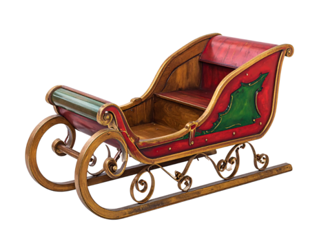 Antique christmas sleigh with red and green paint and gold trim, ornate metal runners on white background