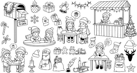 Christmas Winter Holiday Doodles Set: Black and White Line Art of Kids Writing Letters to Santa, Festive Gifts, Decorations, and Market Scenes