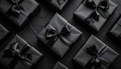 An elegant collection of luxurious black gift boxes, meticulously wrapped with sleek dark ribbons, creating a sophisticated and mysterious atmosphere for exclusive celebrations