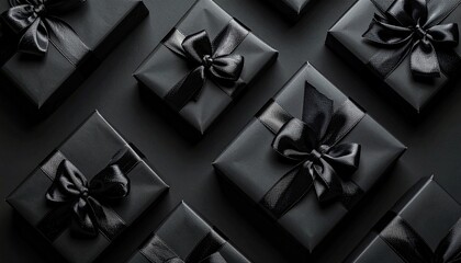 A sophisticated arrangement of dark gift boxes with elegant ribbons, perfect for luxury celebrations and mysterious surprises, creating an atmosphere of anticipation and refined festivity