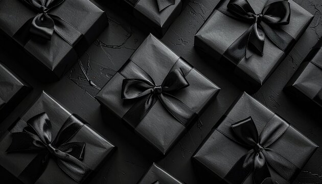 An elegant collection of luxurious black gift boxes, meticulously wrapped with sleek dark ribbons, creating a sophisticated and mysterious atmosphere for exclusive celebrations