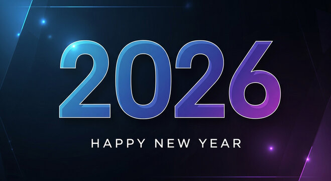 2026 Happy New Year text with blue and purple gradient numbers image