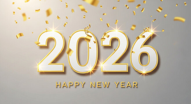 2026 happy new year with falling gold confetti and bright light effects celebration