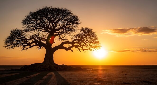 A majestic tree with sprawling branches stands silhouetted against a vibrant sunset sky on a flat landscape