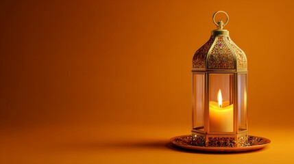 Golden ramadan lantern with glowing candle on warm orange background celebrating islamic holy month of ramadan kareem festive decoration