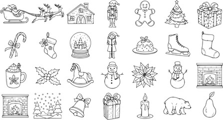 Collection of Hand-Drawn Christmas Icons and Illustrations in Black and White