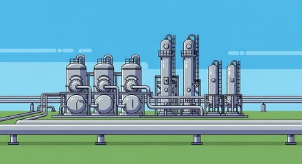 Pixel Art Oil Refinery Landscape with Blue Sky.