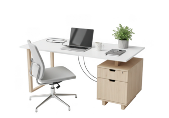 Modern white desk with chair and filing cabinet isolated on transparent background
