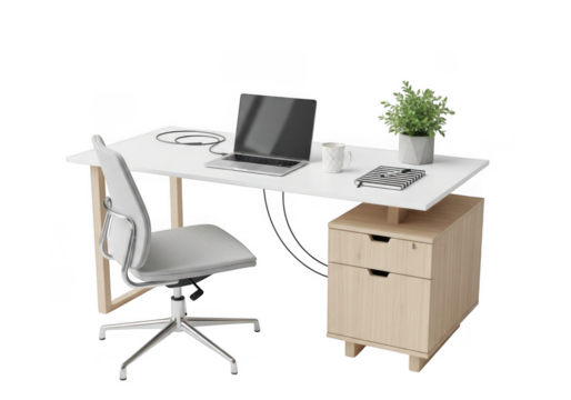 Modern white desk with chair and filing cabinet isolated on transparent background - Powered by Adobe