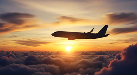 Passenger plane in silhouette flying across mountainous landscapes during golden hour sunrise or sunset