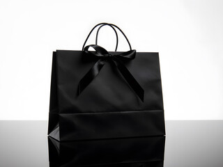A Minimalist Luxury Black Shopping Bag on a Reflective Surface