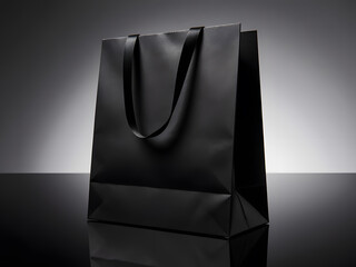 A Minimalist Luxury Black Shopping Bag on a Reflective Surface