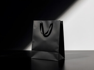 A Minimalist Luxury Black Shopping Bag on a Reflective Surface