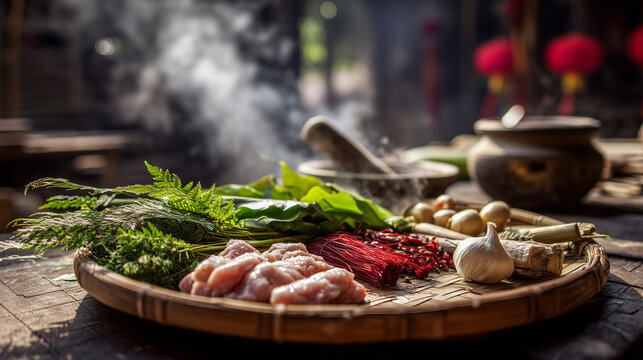 Preparing the traditional gi&ograve; lụa ước lễ Festival, Vietnam, with fresh pork, aromatic herbs, and spices in a village kitchen setting