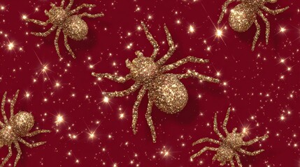 Close-up of gold glittered decorative spiders arranged on a vibrant red background, ideal for Halloween or festive-themed designs and crafts.