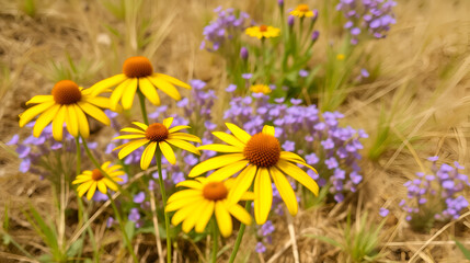 Obraz premium Blurred yellow coneflowers with purple wildflowers in the background on a dry summer meadow.