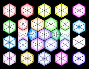 Assorted vibrant, hexagonal geometric shapes in a variety of colors, arranged on a black background