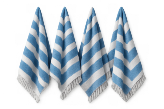 Hanging striped beach towels. Four blue and white soft bathing towels with fringe, summer and spa textile set