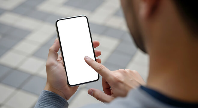 Person holding a white screen smartphone with finger touching screen outdoors hand