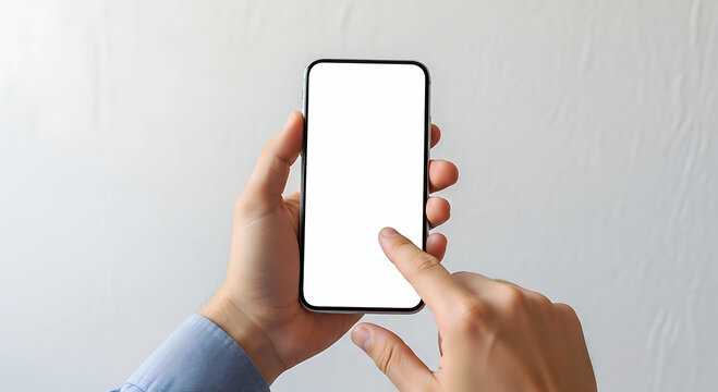 Person holding smartphone with blank white screen and touching display hand