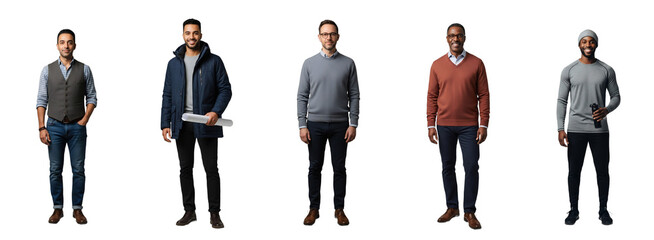Diverse professional men: antique owner, engineer, narrator, counselor, fitness trainer, isolated on transparent background. Perfect for business presentations, career guides, diversity initiatives,