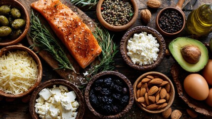 Close-up of assorted fresh foods including boiled eggs, sliced cheese, mixed nuts, and smoked salmon on a simple white surface.