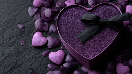 Purple heart-shaped gift box with a satin bow surrounded by scattered purple petals on a white background, ideal for romantic or Valentine&acirc;s Day themes.