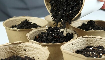 Potting soil being poured into small pots