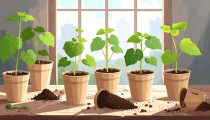 Potted plants growing by a window