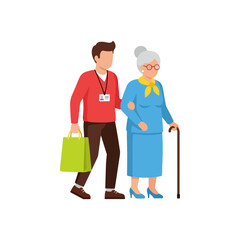 Caring young man with shopping bag assists elderly woman walking with a cane, providing support and companionship illustration