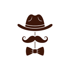 Gentleman's Accessories Silhouette Icon Set Cowboy Hat Moustache and Bow Tie Flat Vector Illustration