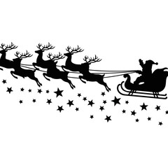 Santa Claus flying sleigh with reindeer silhouette across starry night sky Christmas celebration greeting card design