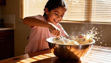 Latina child stirring batter with spoon in warm kitchen light, fun mood, lifestyle photography