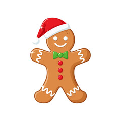 Cute Gingerbread Man Christmas Cookie Wearing a Santa Hat with Red Candy Buttons and Green Bow Tie Festive Holiday Treat