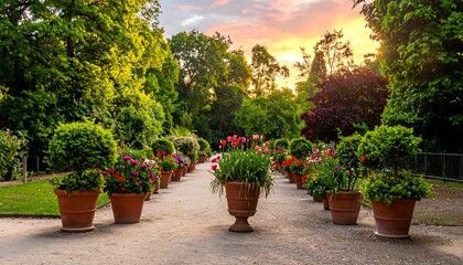 A scenic pathway, lined with potted flowering plants, bathed in the golden light of sunset, framed by lush green trees