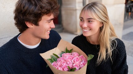 Blonde woman holding a bouquet of pink flowers standing beside a man in casual clothing against a soft, neutral background, daytime indoor setting.